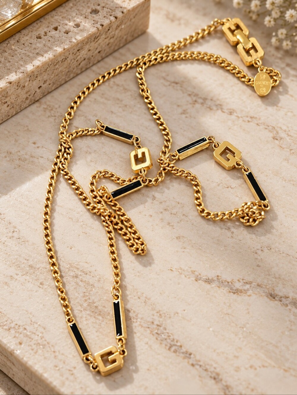 Vintage Givenchy 1980 Gold Black Enamel G Logo Chain Necklace 30"
